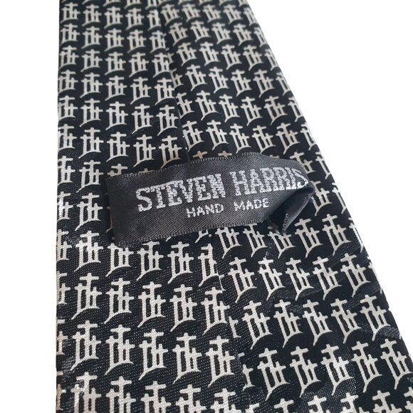 Steven Harris Trinity Cross Handmade Silk Tie Black White Geometric Pattern - Picture 4 of 5